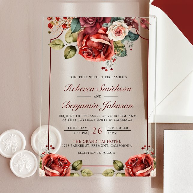 Romantic Red Roses Floral Wedding Acrylic Invitations (Creator Uploaded)