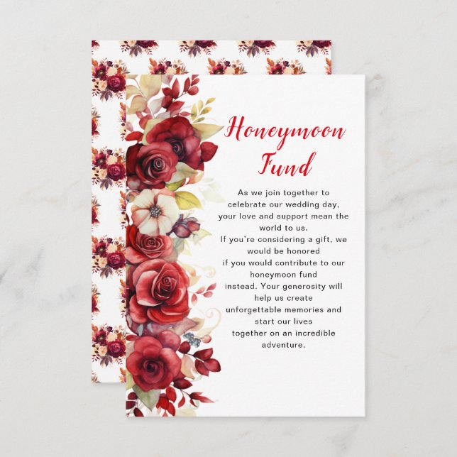 Romantic Red Roses Floral Wedding Honeymoon Fund Enclosure Card (Front/Back)