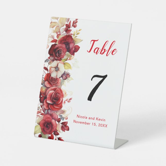 Romantic Red Roses Floral Wedding Pedestal Sign (Front)
