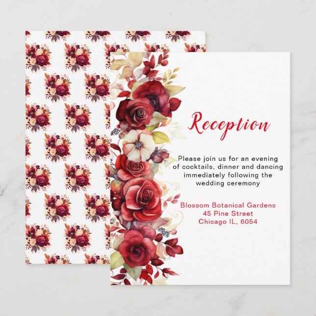 Romantic Red Roses Floral Wedding Reception Enclosure Card (Front/Back)
