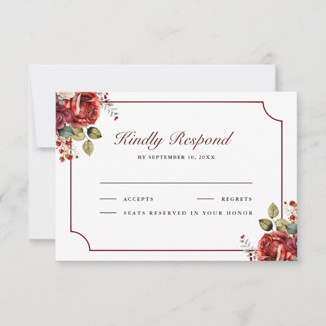 Romantic Red Roses Floral Wedding RSVP Card (Front)