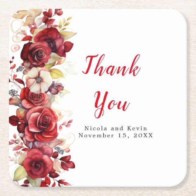 Romantic Red Roses Floral Wedding Square Paper Coaster (Front)