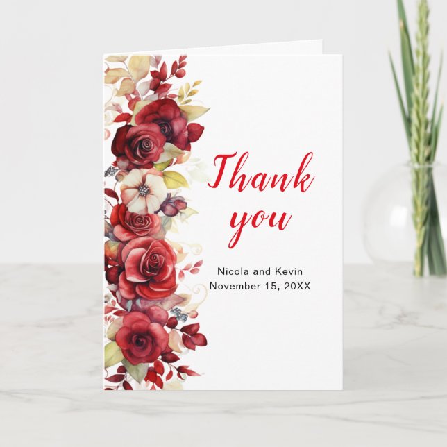 Romantic Red Roses Floral Wedding Thank You Card (Front)
