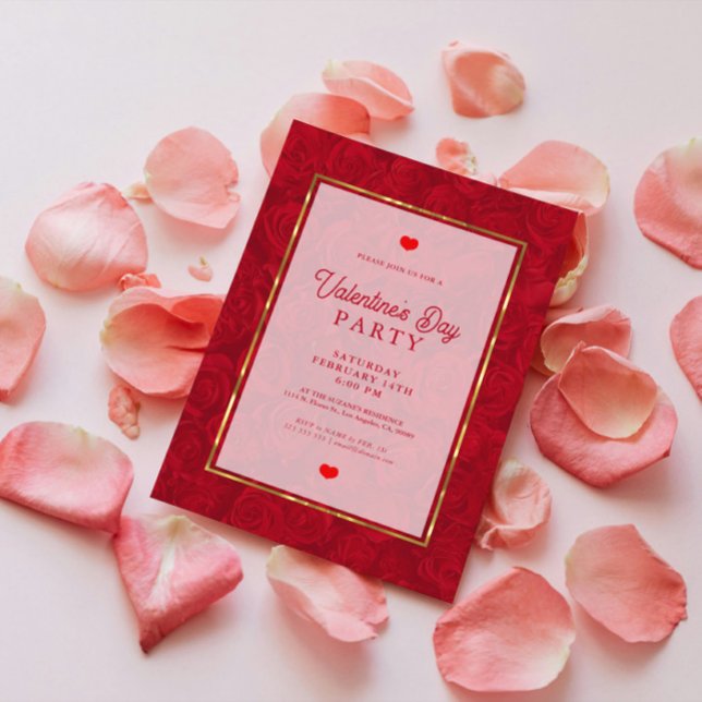 Romantic Red Roses Gold Stripes Accent Invitation (Creator Uploaded)