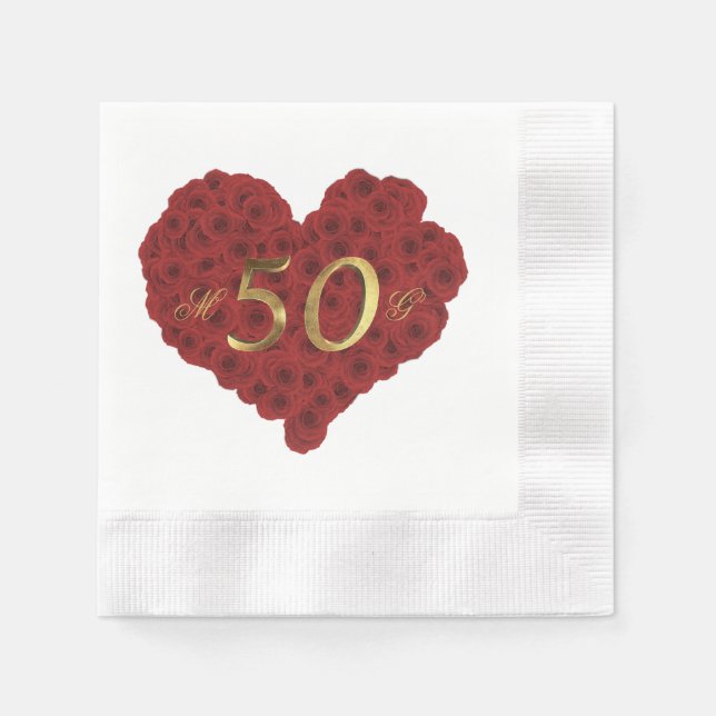 Romantic Red Roses Heart 50th Wedding Anniversary Napkin (Front)