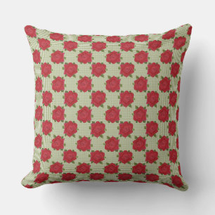 Romantic Red Roses on Green Check Gingham Throw Pillow