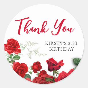 Romantic Red Roses on White Birthday Thank You Classic Round Sticker