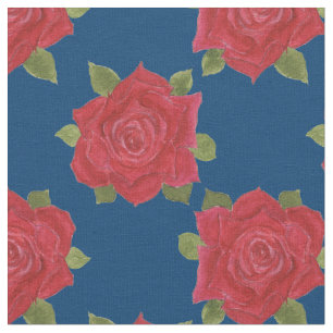 Romantic Red Roses Pattern on Blue Custom Fabric
