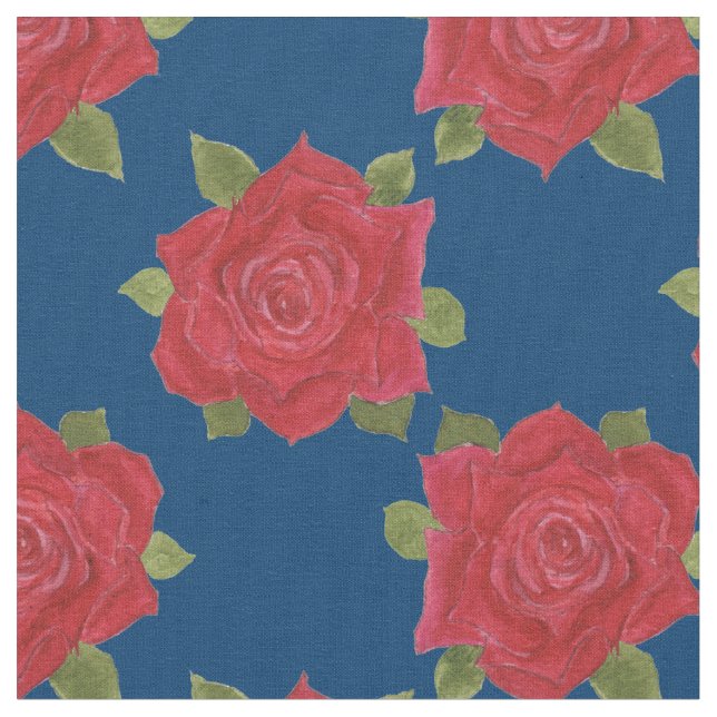 Romantic Red Roses Pattern on Blue Custom Fabric (Close Up)