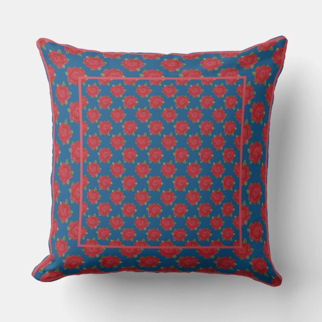 Romantic Red Roses Pattern on Deep Blue Throw Pillow (Front)