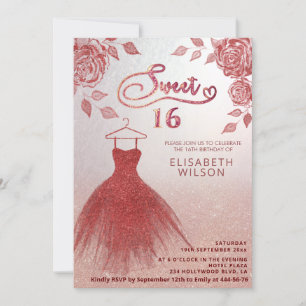 Romantic Red roses red glitter dress Invitation