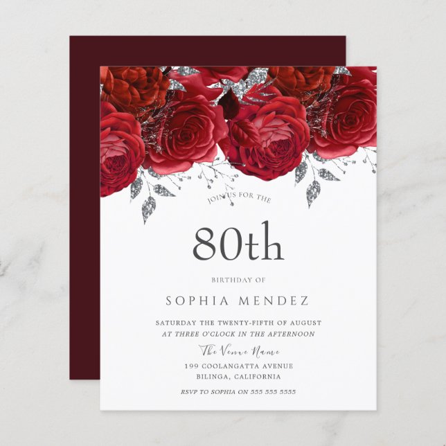 Romantic Red Roses Silver 80th Birthday Invitation (Front/Back)