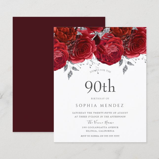 Romantic Red Roses Silver 90th Birthday Invitation (Front/Back)