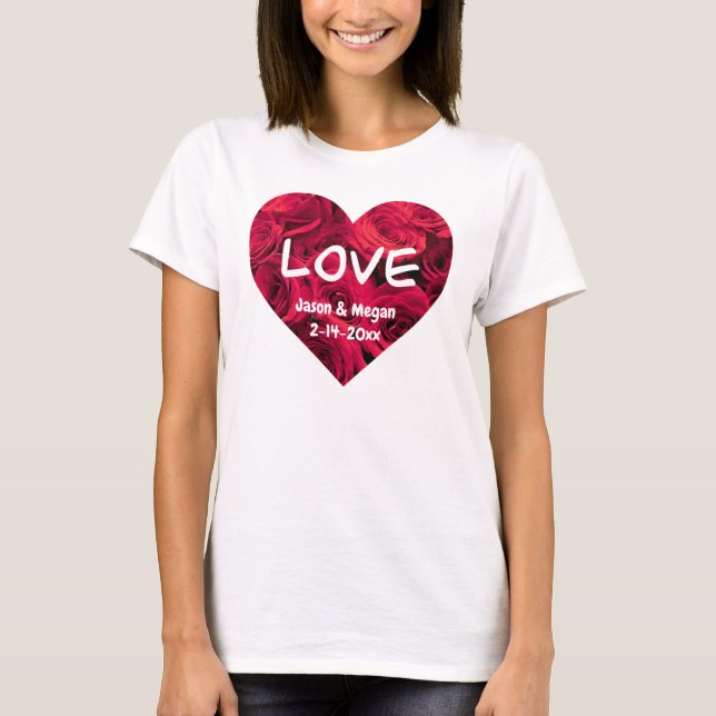 Romantic red roses Valentine heart, love monogram T-Shirt (Front)