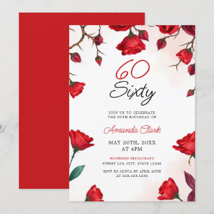 Romantic Red Roses Watercolor 60th Birthday Invitation