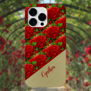 Romantic Red Roses with Gold Monogram Colour Block iPhone 14 Pro Max Case