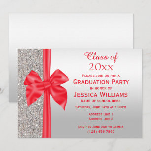 Romantic Red Silk Bow, Silver Sequins Graduation Invitation