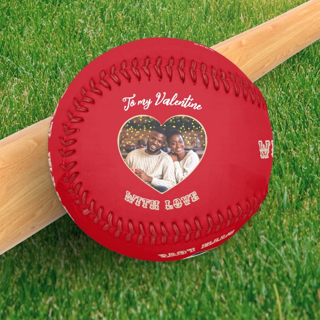 Romantic Red Valentine's Day Custom Photo & Text Baseball (A red baseball for Valentine's Day, with custom photo in a heart shape and personalized message)