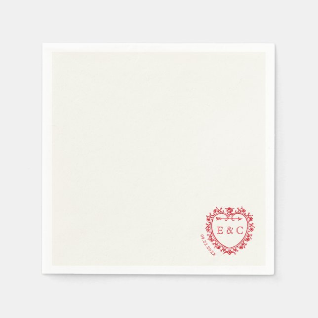 Romantic Red Vintage Monogram Crest Wedding Napkin (Front)