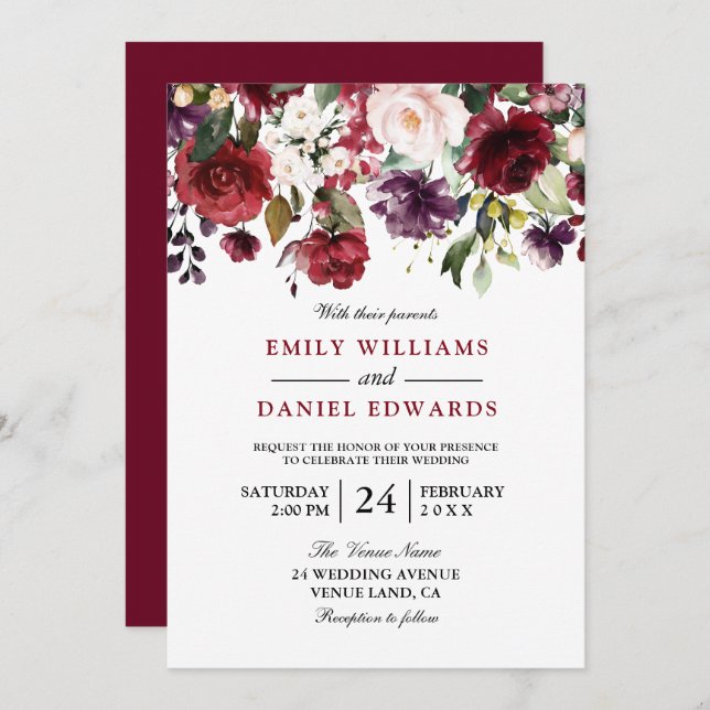 Romantic Red Watercolor Botanical Wedding Invitation (Front/Back)