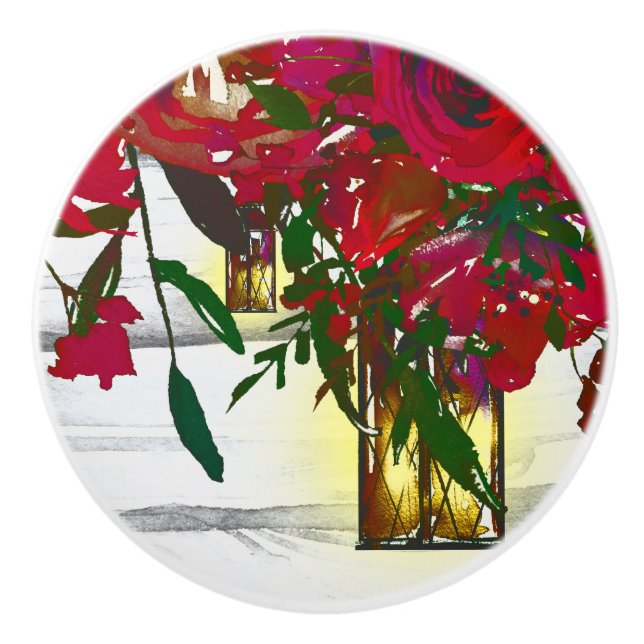 Romantic Red Watercolor Roses & Lantern Rustic Ceramic Knob (Front)