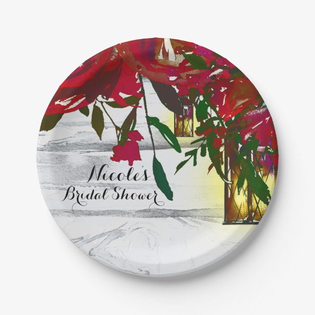 Romantic Red Watercolor Roses & Lantern Wedding Paper Plate (Front)