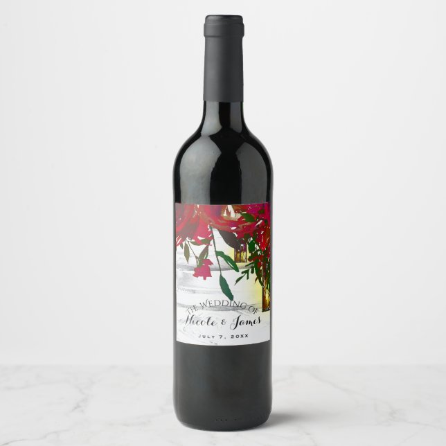 Romantic Red Watercolor Roses Lantern Wedding Wine Wine Label (Front)