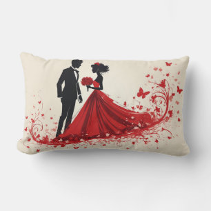 Romantic Red Wedding Silhouette of Bride and Groom Lumbar Pillow