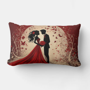 Romantic Red Wedding Silhouette of Bride and Groom Lumbar Pillow