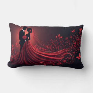 Romantic Red Wedding Silhouette of Bride and Groom Lumbar Pillow