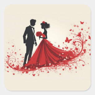 Romantic Red Wedding Silhouette of Bride and Groom Square Sticker