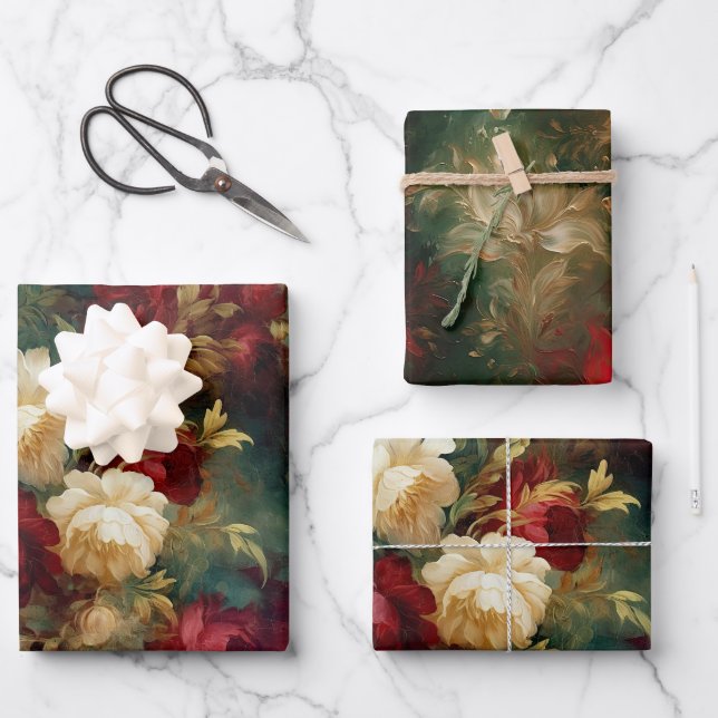 Romantic Red White Flowers Bridal Shower Wedding Wrapping Paper Sheet (Front)