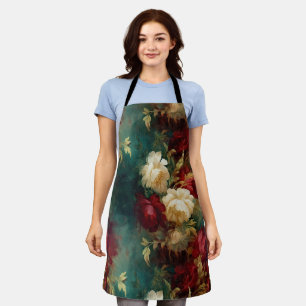 Romantic Red White Green Flowers Apron