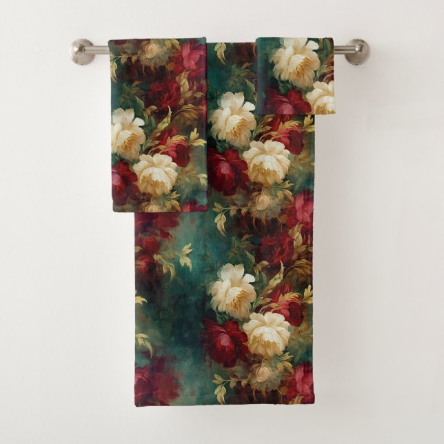 Romantic Red White Green Flowers Bath Towel Set (Insitu)