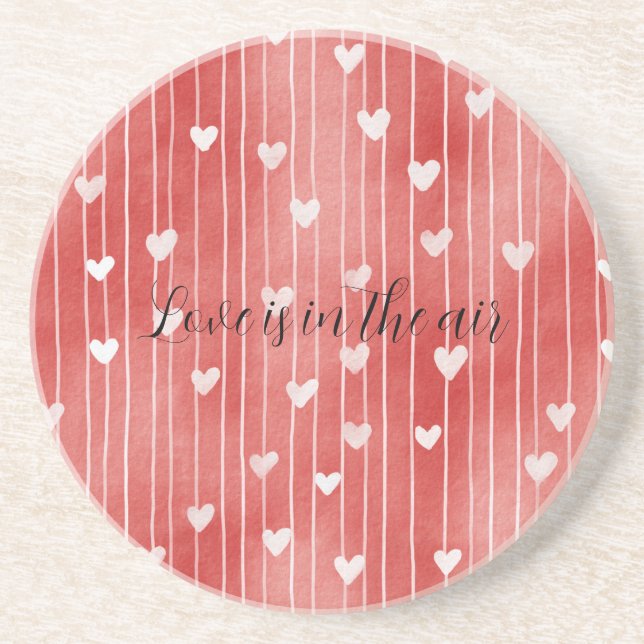 Romantic Red White Stripes Hearts Love Coaster (Front)
