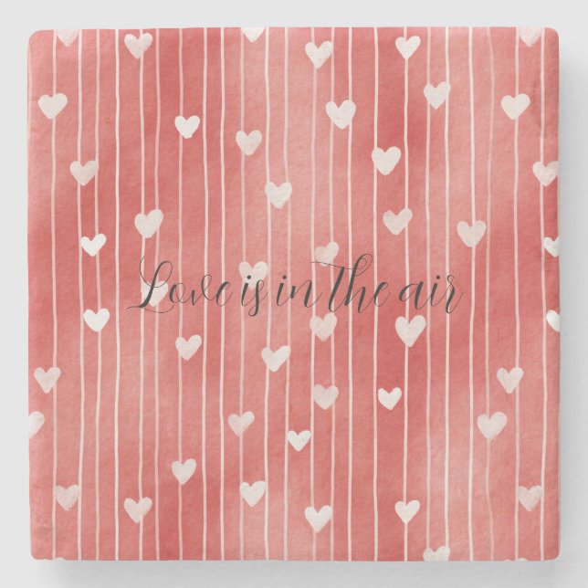 Romantic Red White Stripes Hearts Love Stone Coaster (Front)
