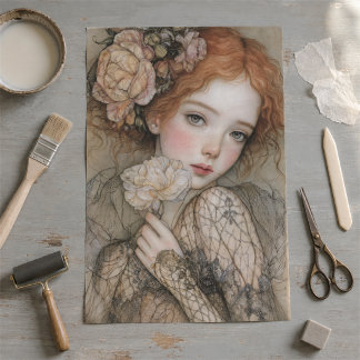 Romantic Redhead Floral Portrait Decoupage Tissue Paper