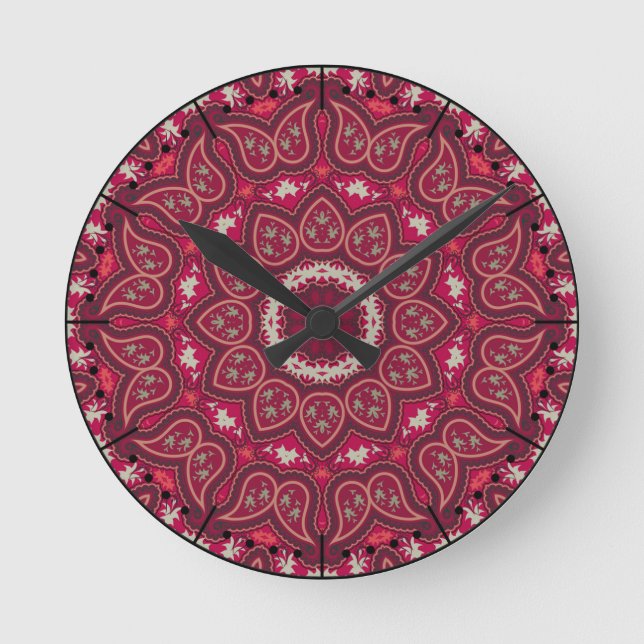 Romantic Reds Kaleidoscope Paisley Boho Round Clock (Front)