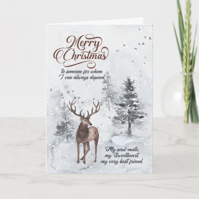 Romantic Reindeer in a Snowy Forest Christmas Holiday Card (Front)