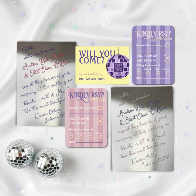 Romantic Retro Disco Party QR Code RSVP Wedding Card (Creator Uploaded)