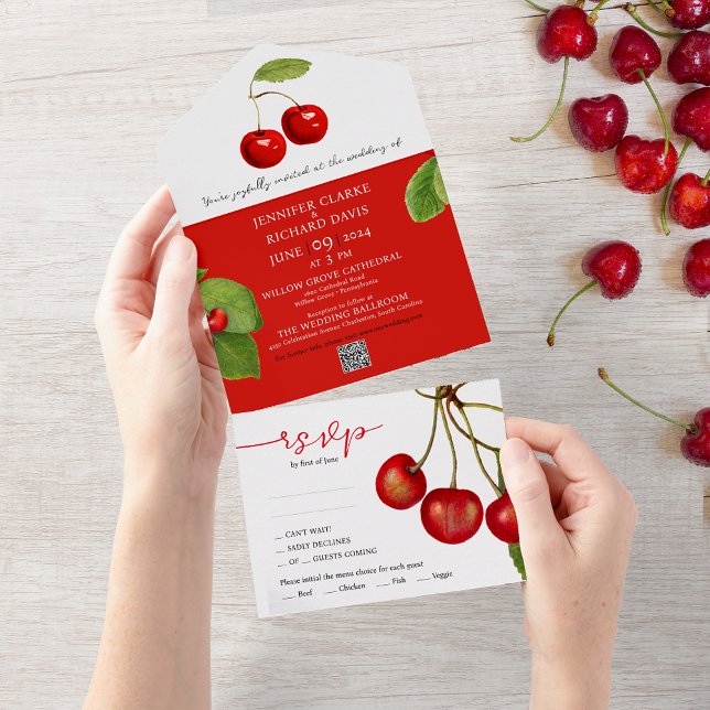 Romantic Retro Red White Cherry Fruits QR Wedding  All In One Invitation (Creator Uploaded)