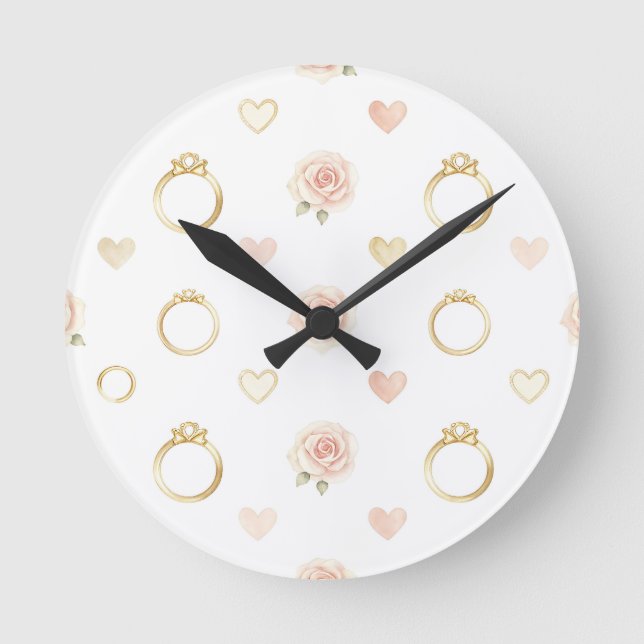 Romantic Rings and Roses Seamless Pattern Round Clock (Front)