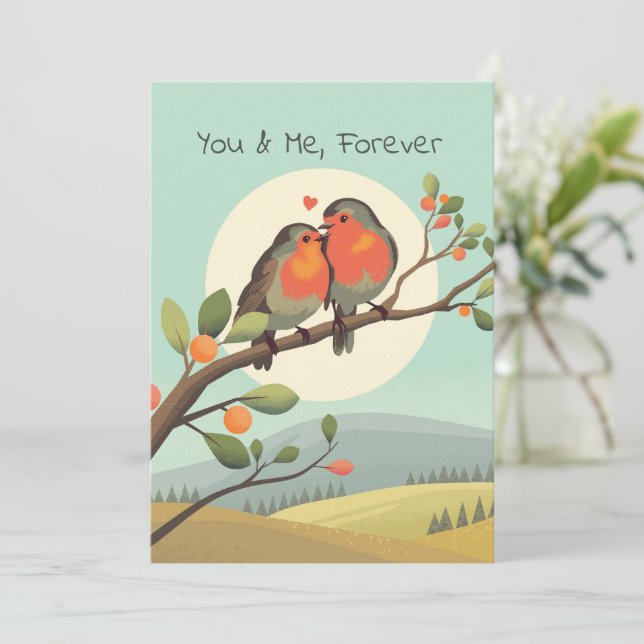 Romantic Robins on a Branch Valentines Day Holiday Card (Standing Front)
