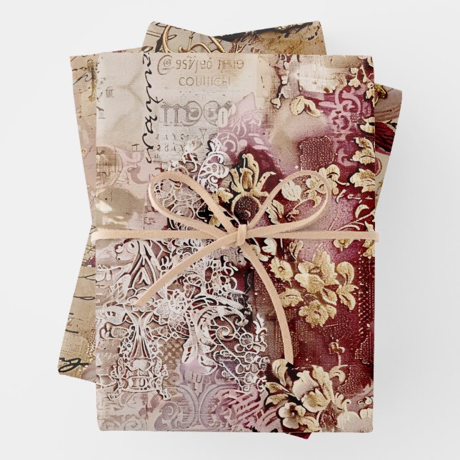 Romantic Rococo Dusty Rose Antique Wrapping Paper Sheet (In situ)