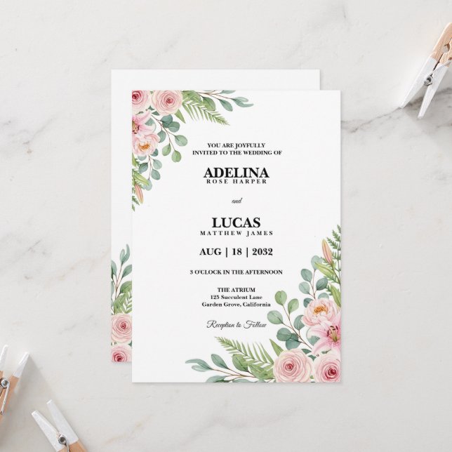 Romantic Rose and Lily Botanical Wedding  Invitation (Front/Back In Situ)