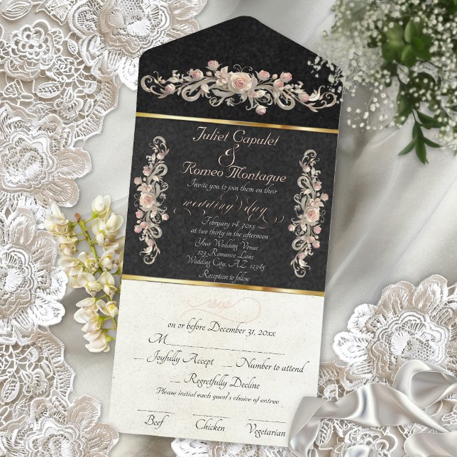 Romantic Rose Arc Borders & Calligraphy - Black All In One Invitation (Creator Uploaded)