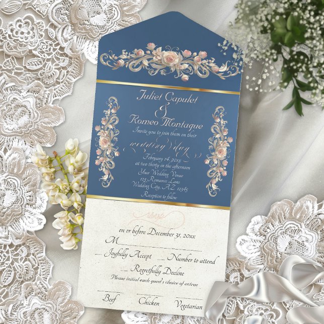 Romantic Rose Arc Borders & Calligraphy - Blue All In One Invitation (Creator Uploaded)