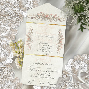 Romantic Rose Arc Borders & Calligraphy - Cream All In One Invitation