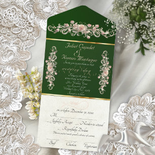 Romantic Rose Arc Borders & Calligraphy - Emerald All In One Invitation
