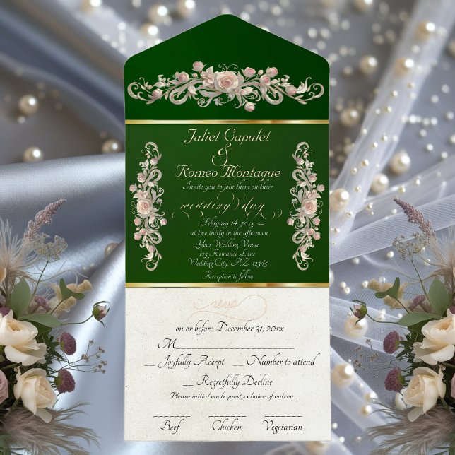 Romantic Rose Arc Borders & Calligraphy - Emerald All In One Invitation (Creator Uploaded)